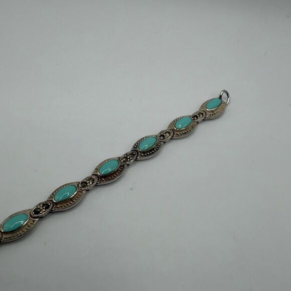 925 Sterling Silver Turquoise Bracelet 6.2 Inch Delicate Blue Stone Jewelry - Picture 4 of 7